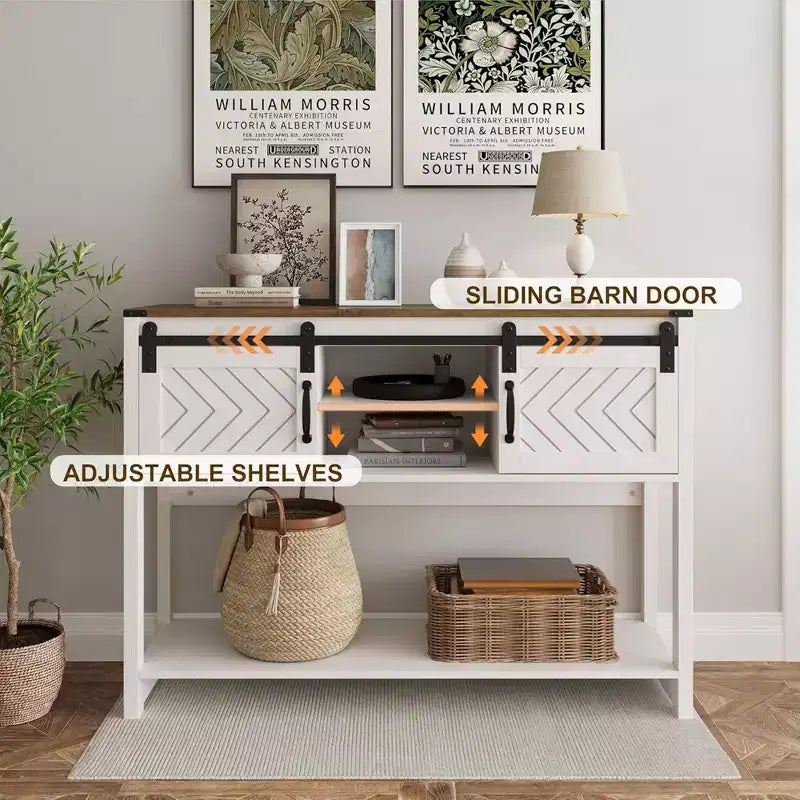 RoyalCraft Tavolino Consolle Ingresso Stile Rustico con Ripiani, Anta Scorrevole a Fienile e Ampio Piano per Soggiorno o Ingresso, Bianco e Rovere