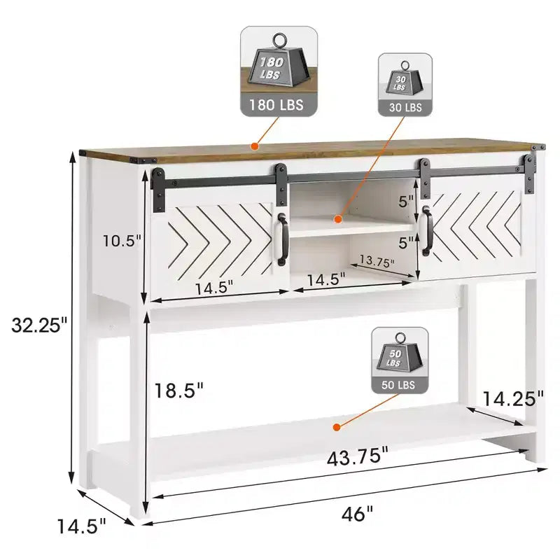 RoyalCraft Tavolino Consolle Ingresso Stile Rustico con Ripiani, Anta Scorrevole a Fienile e Ampio Piano per Soggiorno o Ingresso, Bianco e Rovere