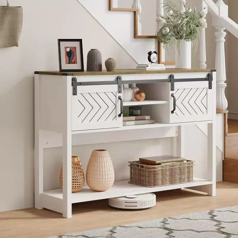 RoyalCraft Tavolino Consolle Ingresso Stile Rustico con Ripiani, Anta Scorrevole a Fienile e Ampio Piano per Soggiorno o Ingresso, Bianco e Rovere