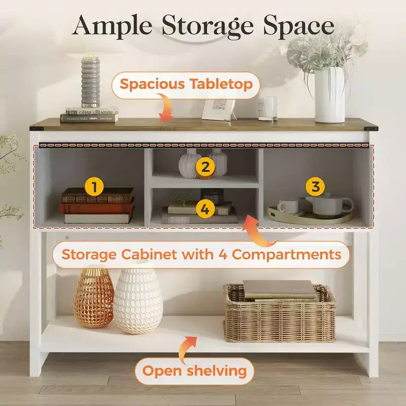 RoyalCraft Tavolino Consolle Ingresso Stile Rustico con Ripiani, Anta Scorrevole a Fienile e Ampio Piano per Soggiorno o Ingresso, Bianco e Rovere