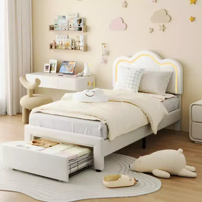 Twin Upholstered Bed Frame with Smart LED and Adjustable Bear Headboard, Velvet Platform Bed