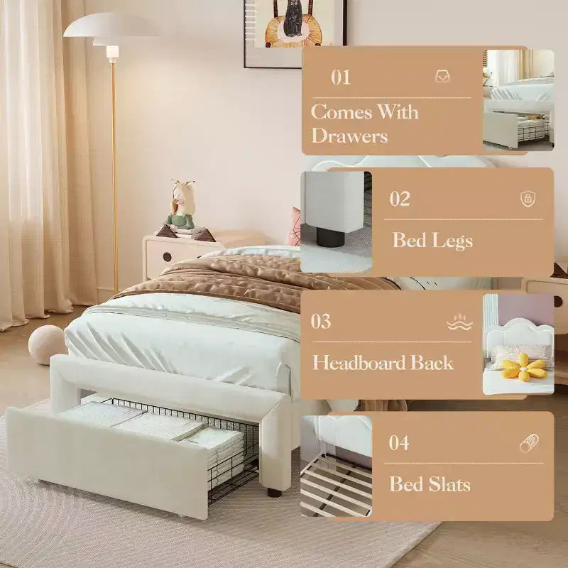 Telaio Letto Imbottito Singolo con Luci LED Intelligenti e Testiera a Orsetto Regolabile, Letto a Piattaforma in Velluto