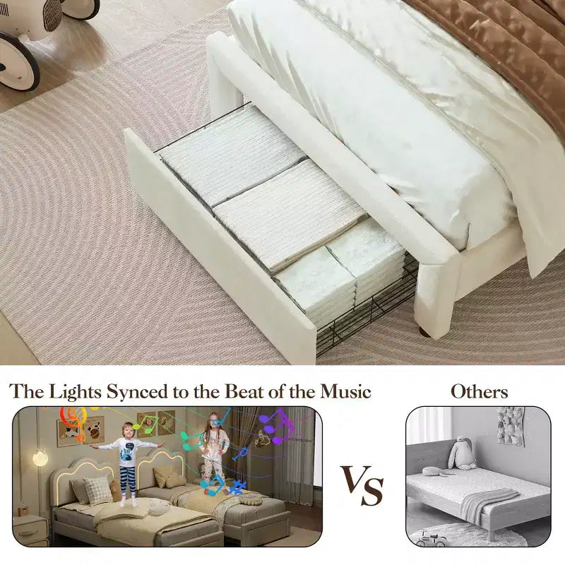 Telaio Letto Imbottito Singolo con Luci LED Intelligenti e Testiera a Orsetto Regolabile, Letto a Piattaforma in Velluto