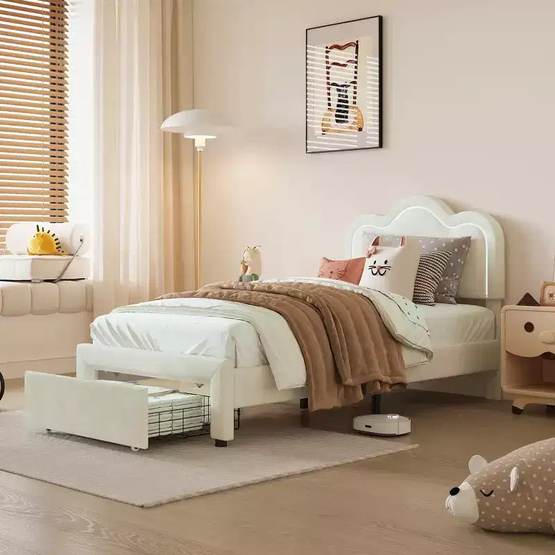 Telaio Letto Imbottito Singolo con Luci LED Intelligenti e Testiera a Orsetto Regolabile, Letto a Piattaforma in Velluto