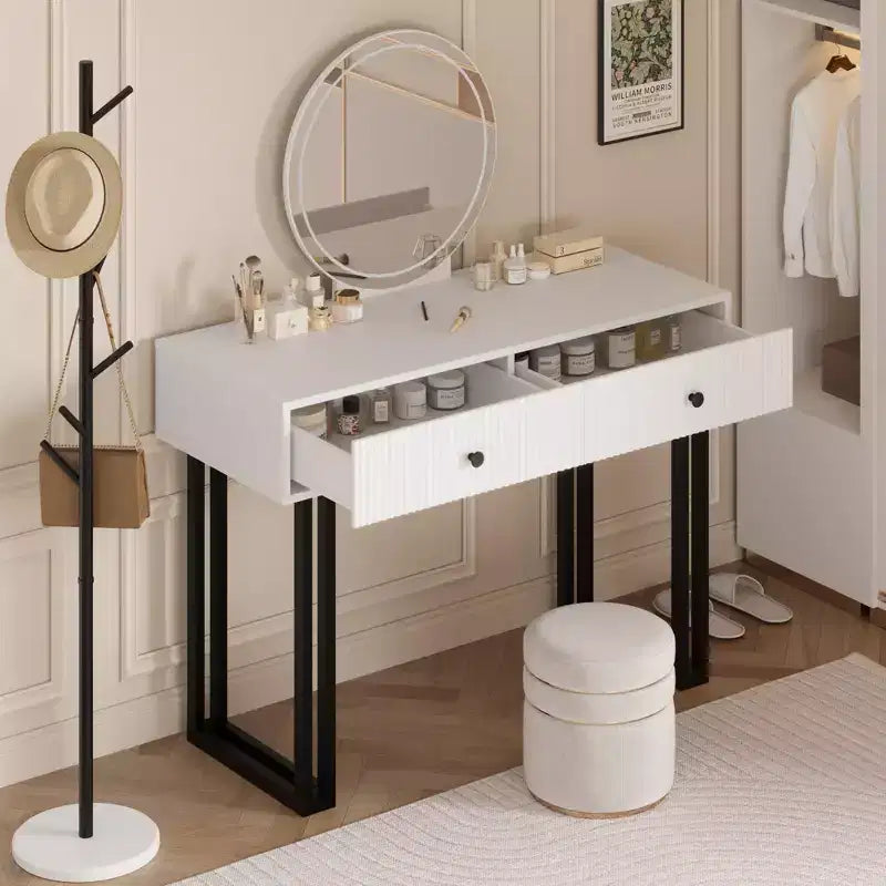 Toeletta con Specchio e Luci, Trucco Vanity con 2 Cassetti, Organizzatore Vanity Moderno con 3 Luci a Colori