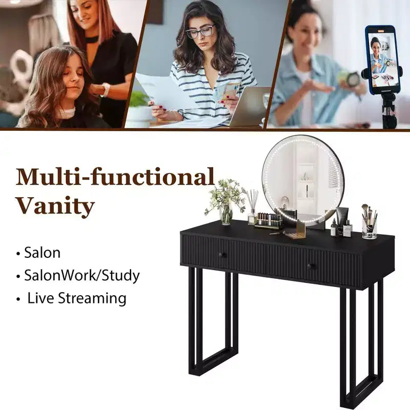 Toeletta con Specchio e Luci, Trucco Vanity con 2 Cassetti, Organizzatore Vanity Moderno con 3 Luci a Colori