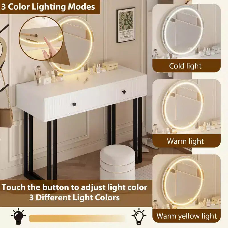 Toeletta con Specchio e Luci, Trucco Vanity con 2 Cassetti, Organizzatore Vanity Moderno con 3 Luci a Colori