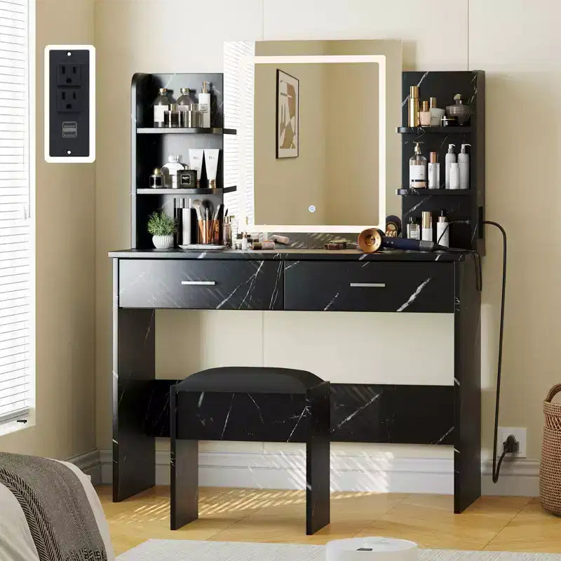 Set da toeletta CuisinSmart, tavolino da trucco con 3 modalità di illuminazione, sgabello imbottito, 2 cassetti, ripiani aperti, toletta moderna per camera da letto