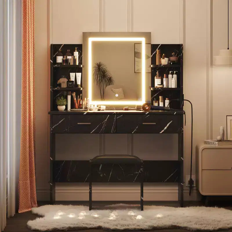 Set da toeletta CuisinSmart, tavolino da trucco con 3 modalità di illuminazione, sgabello imbottito, 2 cassetti, ripiani aperti, toletta moderna per camera da letto