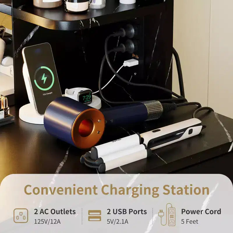 Set da toeletta CuisinSmart, tavolino da trucco con 3 modalità di illuminazione, sgabello imbottito, 2 cassetti, ripiani aperti, toletta moderna per camera da letto