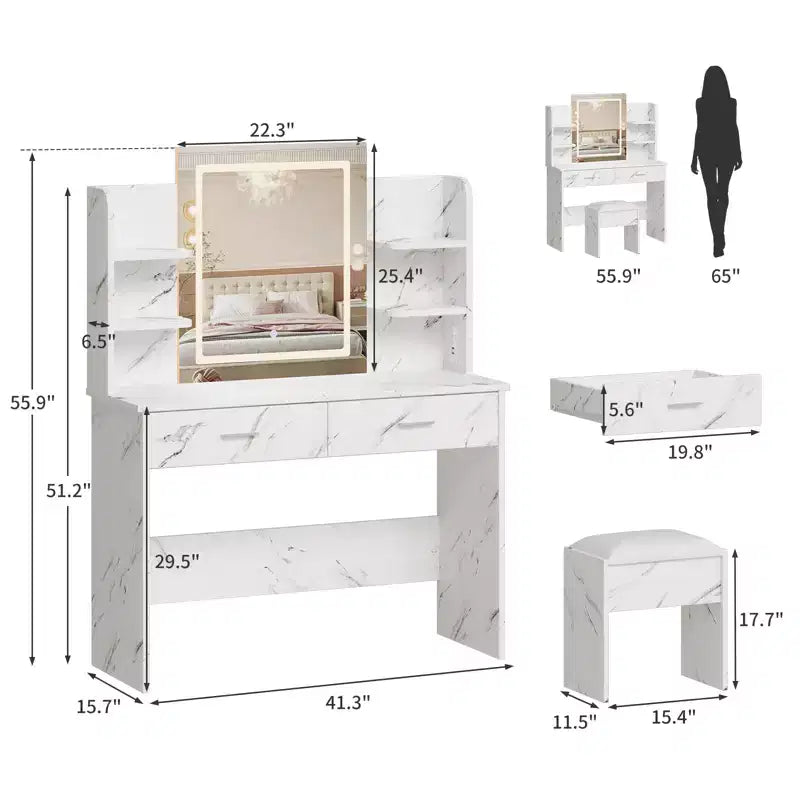 Set da toeletta CuisinSmart, tavolino da trucco con 3 modalità di illuminazione, sgabello imbottito, 2 cassetti, ripiani aperti, toletta moderna per camera da letto