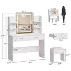 Set da toeletta CuisinSmart, tavolino da trucco con 3 modalità di illuminazione, sgabello imbottito, 2 cassetti, ripiani aperti, toletta moderna per camera da letto