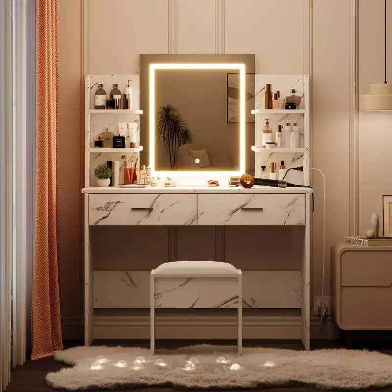 Set da toeletta CuisinSmart, tavolino da trucco con 3 modalità di illuminazione, sgabello imbottito, 2 cassetti, ripiani aperti, toletta moderna per camera da letto