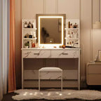 Set da toeletta CuisinSmart, tavolino da trucco con 3 modalità di illuminazione, sgabello imbottito, 2 cassetti, ripiani aperti, toletta moderna per camera da letto