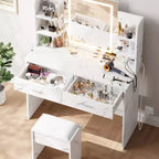 Set da toeletta CuisinSmart, tavolino da trucco con 3 modalità di illuminazione, sgabello imbottito, 2 cassetti, ripiani aperti, toletta moderna per camera da letto