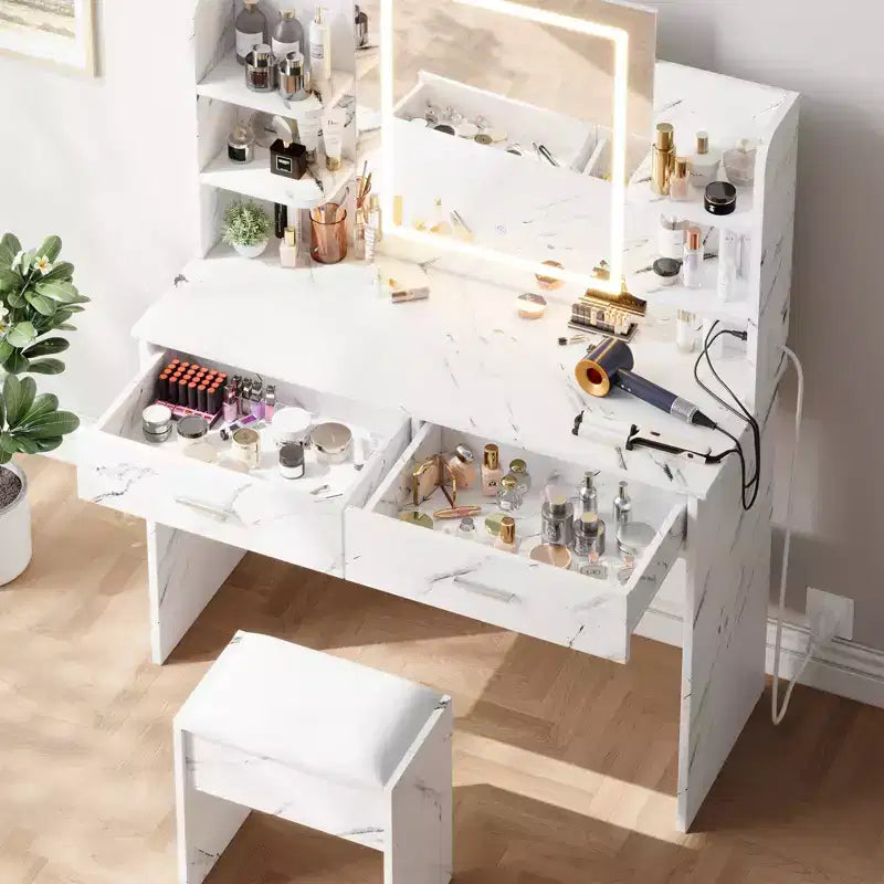Set da toeletta CuisinSmart, tavolino da trucco con 3 modalità di illuminazione, sgabello imbottito, 2 cassetti, ripiani aperti, toletta moderna per camera da letto