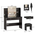 Set da toeletta CuisinSmart, tavolino da trucco con 3 modalità di illuminazione, sgabello imbottito, 2 cassetti, ripiani aperti, toletta moderna per camera da letto