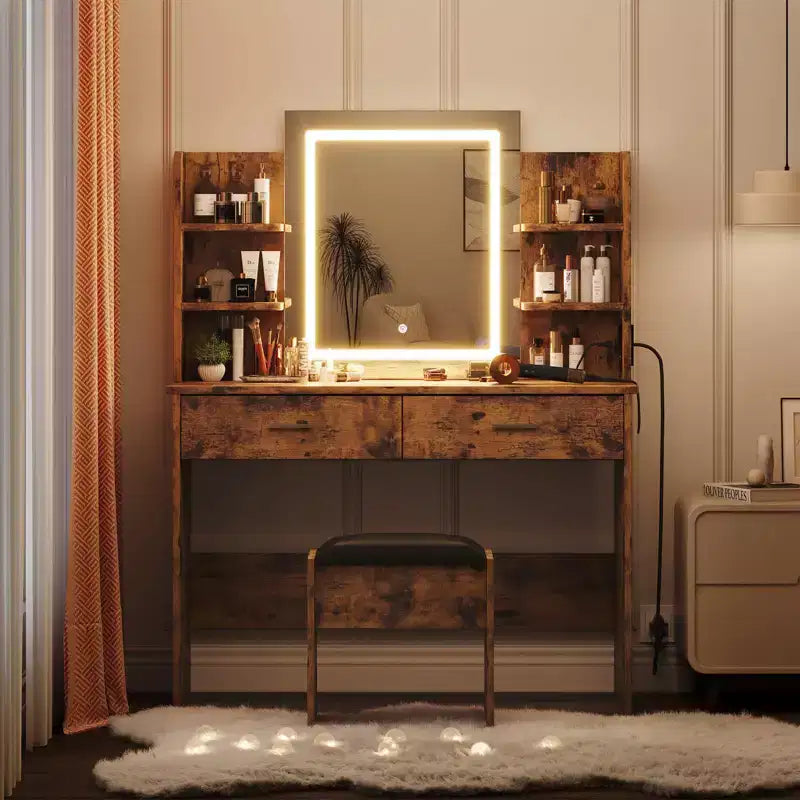Set da toeletta CuisinSmart, tavolino da trucco con 3 modalità di illuminazione, sgabello imbottito, 2 cassetti, ripiani aperti, toletta moderna per camera da letto