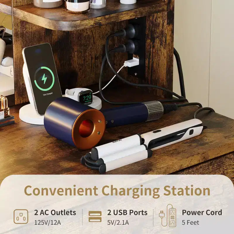 Set da toeletta CuisinSmart, tavolino da trucco con 3 modalità di illuminazione, sgabello imbottito, 2 cassetti, ripiani aperti, toletta moderna per camera da letto