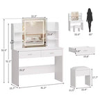 Set da toeletta CuisinSmart, tavolino da trucco con 3 modalità di illuminazione, sgabello imbottito, 2 cassetti, ripiani aperti, toletta moderna per camera da letto