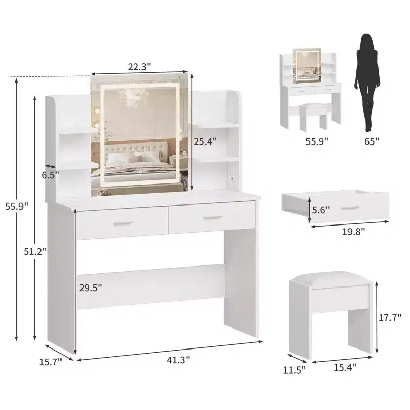 Set da toeletta CuisinSmart, tavolino da trucco con 3 modalità di illuminazione, sgabello imbottito, 2 cassetti, ripiani aperti, toletta moderna per camera da letto