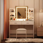 Set da toeletta CuisinSmart, tavolino da trucco con 3 modalità di illuminazione, sgabello imbottito, 2 cassetti, ripiani aperti, toletta moderna per camera da letto