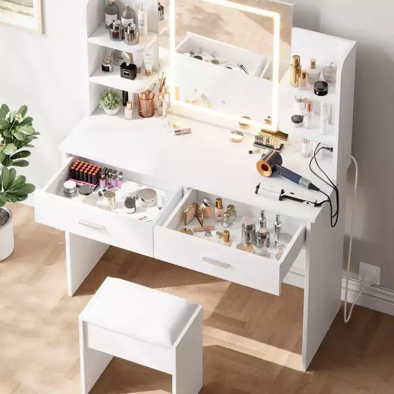 Set da toeletta CuisinSmart, tavolino da trucco con 3 modalità di illuminazione, sgabello imbottito, 2 cassetti, ripiani aperti, toletta moderna per camera da letto