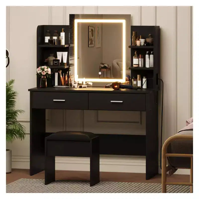 Set da toeletta CuisinSmart, tavolino da trucco con 3 modalità di illuminazione, sgabello imbottito, 2 cassetti, ripiani aperti, toletta moderna per camera da letto