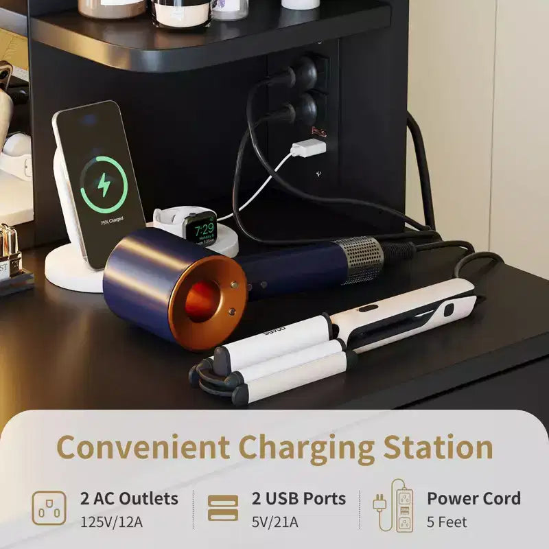 Set da toeletta CuisinSmart, tavolino da trucco con 3 modalità di illuminazione, sgabello imbottito, 2 cassetti, ripiani aperti, toletta moderna per camera da letto