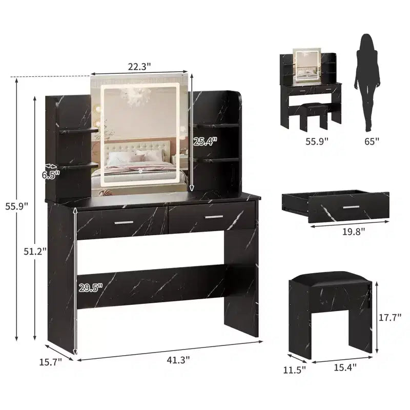 Set da toeletta CuisinSmart, tavolino da trucco con 3 modalità di illuminazione, sgabello imbottito, 2 cassetti, ripiani aperti, toletta moderna per camera da letto