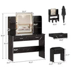 Set da toeletta CuisinSmart, tavolino da trucco con 3 modalità di illuminazione, sgabello imbottito, 2 cassetti, ripiani aperti, toletta moderna per camera da letto