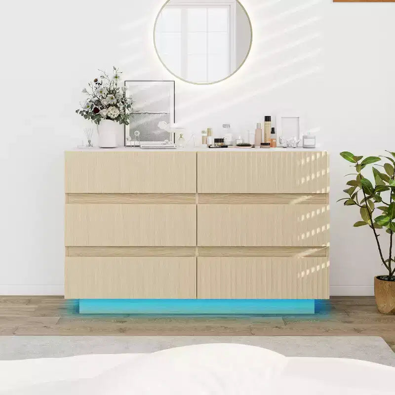 GDFStudio Erin Modern 47.24'' Fluted Wooden Dresser with 6 Drawers, LED and Handle-Free Design