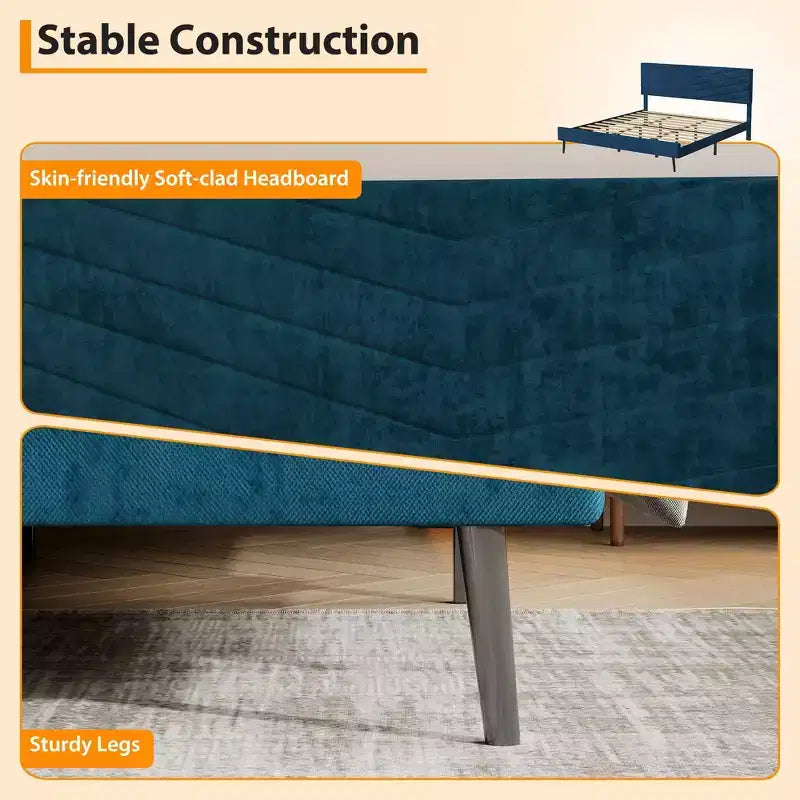 Letto a piattaforma King imbottito in velluto, struttura letto moderna, supporto con doghe in legno, testiera regolabile, non necessita di box spring