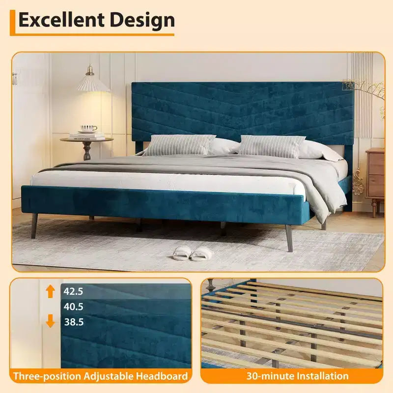 Letto a piattaforma King imbottito in velluto, struttura letto moderna, supporto con doghe in legno, testiera regolabile, non necessita di box spring