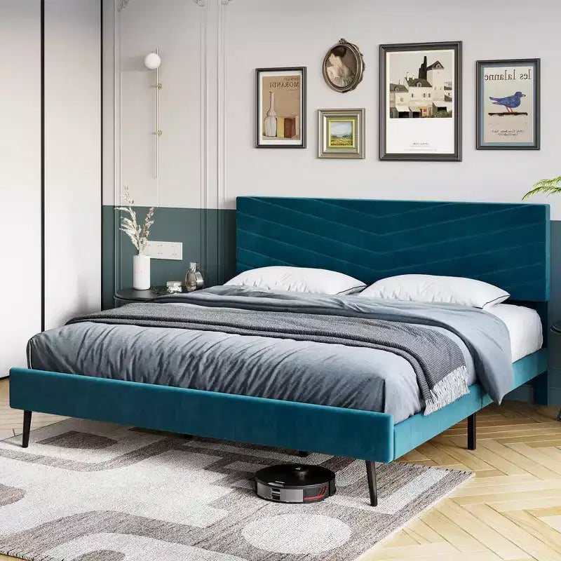 Letto a piattaforma King imbottito in velluto, struttura letto moderna, supporto con doghe in legno, testiera regolabile, non necessita di box spring