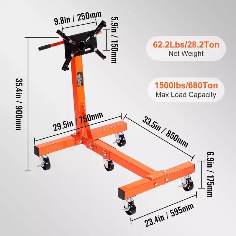 Cavalletto motore VEVOR, 1500 libbre (3/4 tonnellate) Cavalletto rotante per motore con testa regolabile a 360 gradi, Cavalletto pieghevole in ghisa, Arancione