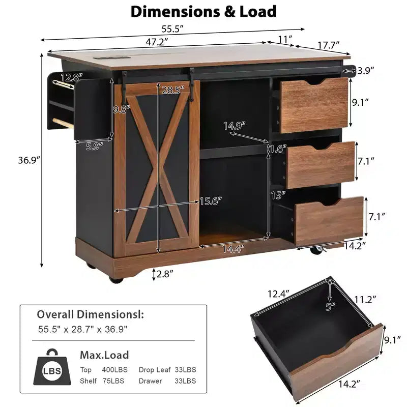 Merax Isola Cucina Stile Rustico con Anta a Ribalta, Mobiletto con Anta Scorrevole, Carrello con Portaspezie e Portasciugamani, Presa Elettrica e Ripiani Regolabili
