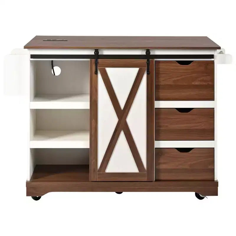Merax Isola Cucina Stile Rustico con Anta a Ribalta, Mobiletto con Anta Scorrevole, Carrello con Portaspezie e Portasciugamani, Presa Elettrica e Ripiani Regolabili