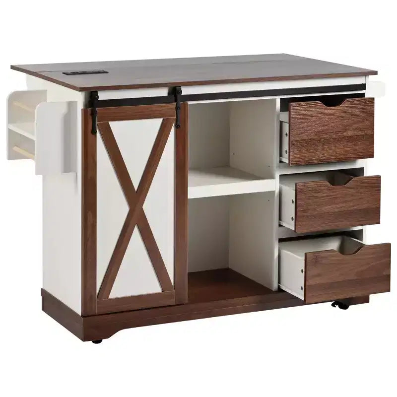Merax Isola Cucina Stile Rustico con Anta a Ribalta, Mobiletto con Anta Scorrevole, Carrello con Portaspezie e Portasciugamani, Presa Elettrica e Ripiani Regolabili