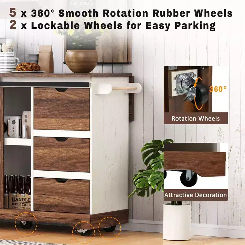 Merax Isola Cucina Stile Rustico con Anta a Ribalta, Mobiletto con Anta Scorrevole, Carrello con Portaspezie e Portasciugamani, Presa Elettrica e Ripiani Regolabili