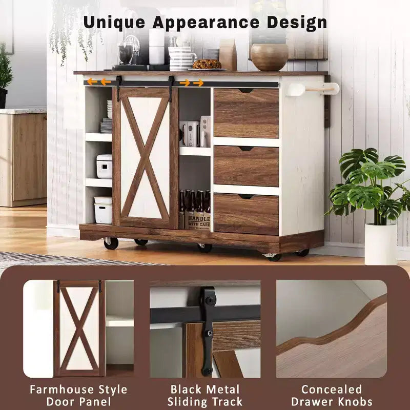Merax Isola Cucina Stile Rustico con Anta a Ribalta, Mobiletto con Anta Scorrevole, Carrello con Portaspezie e Portasciugamani, Presa Elettrica e Ripiani Regolabili
