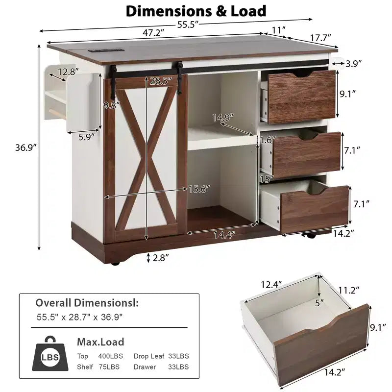 Merax Isola Cucina Stile Rustico con Anta a Ribalta, Mobiletto con Anta Scorrevole, Carrello con Portaspezie e Portasciugamani, Presa Elettrica e Ripiani Regolabili