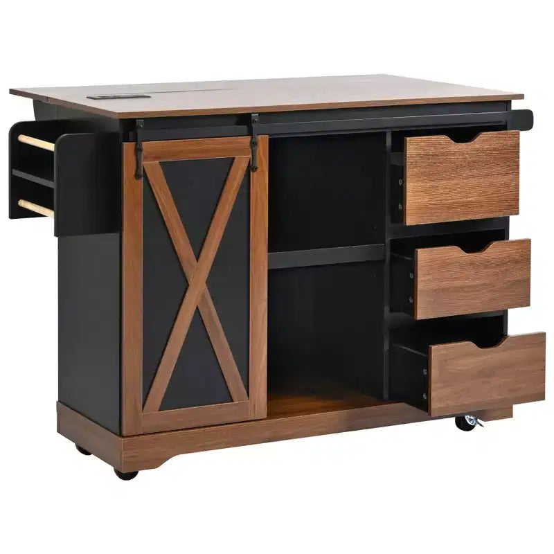 Merax Isola Cucina Stile Rustico con Anta a Ribalta, Mobiletto con Anta Scorrevole, Carrello con Portaspezie e Portasciugamani, Presa Elettrica e Ripiani Regolabili