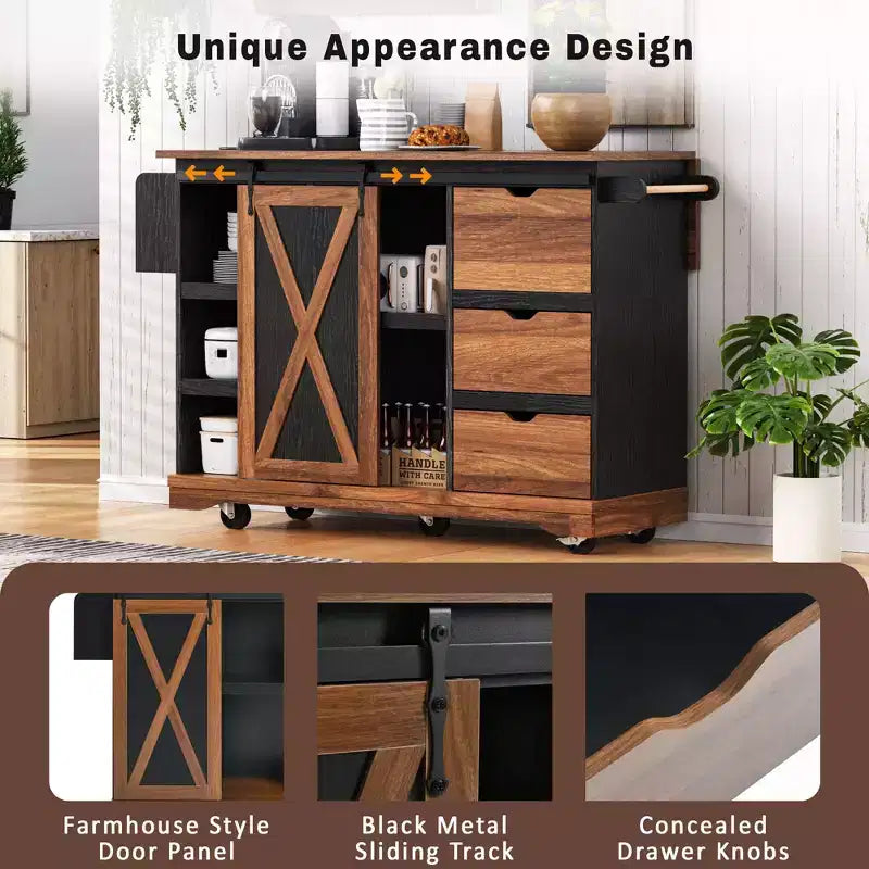 Merax Isola Cucina Stile Rustico con Anta a Ribalta, Mobiletto con Anta Scorrevole, Carrello con Portaspezie e Portasciugamani, Presa Elettrica e Ripiani Regolabili
