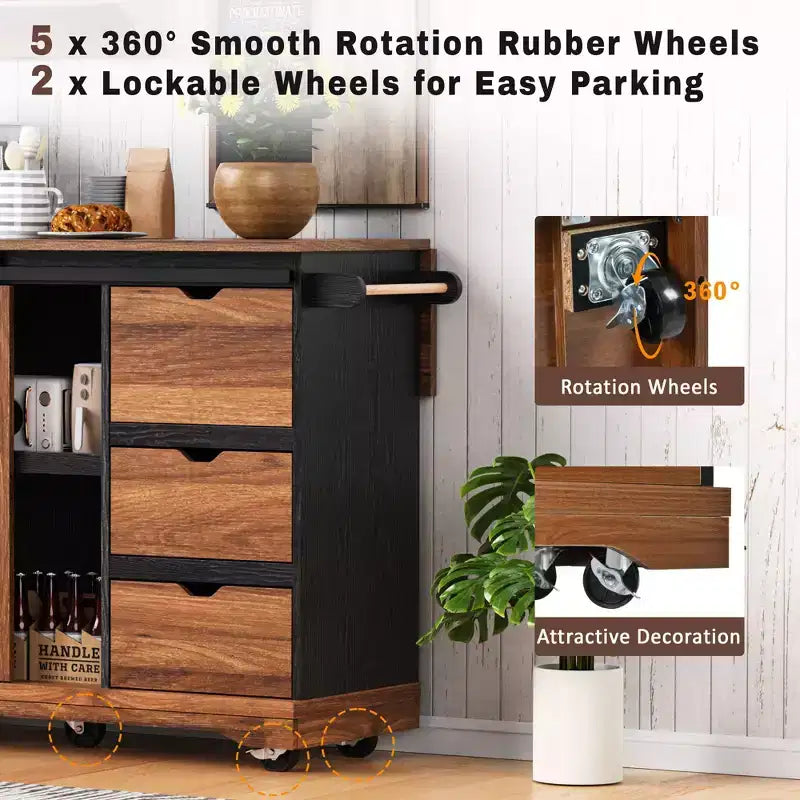 Merax Isola Cucina Stile Rustico con Anta a Ribalta, Mobiletto con Anta Scorrevole, Carrello con Portaspezie e Portasciugamani, Presa Elettrica e Ripiani Regolabili
