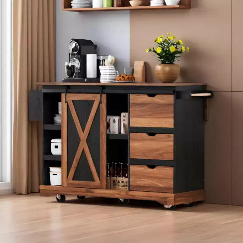 Merax Farmhouse Kitchen Island with Drop Leaf, Barn Door Storage, Rolling Cart with Spice & Towel Racks, Power Outlet, and Adjustable Shelves