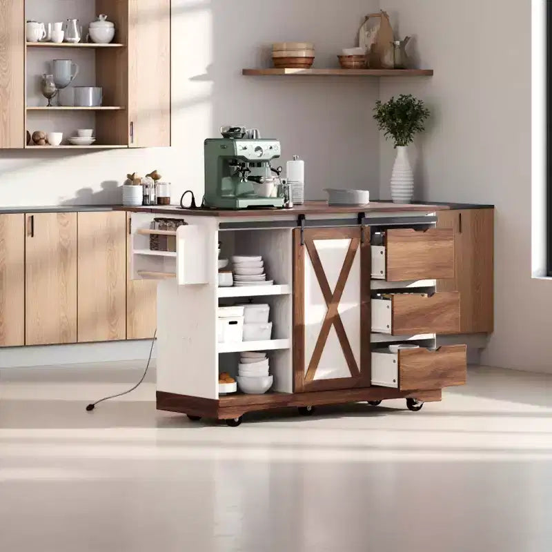 Merax Isola Cucina Stile Rustico con Anta a Ribalta, Mobiletto con Anta Scorrevole, Carrello con Portaspezie e Portasciugamani, Presa Elettrica e Ripiani Regolabili