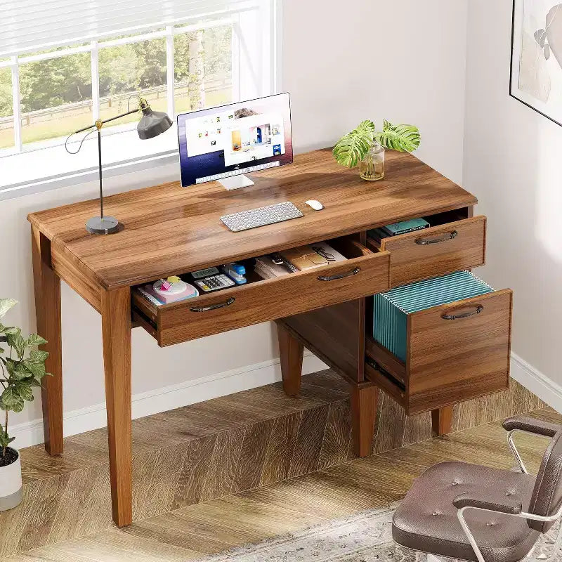 Lantine 47 Wood Computer Desk with 3 Drawers, Farmhouse Small Office Desk with Storage for Home Office, Bedroom, Study Room, Brown