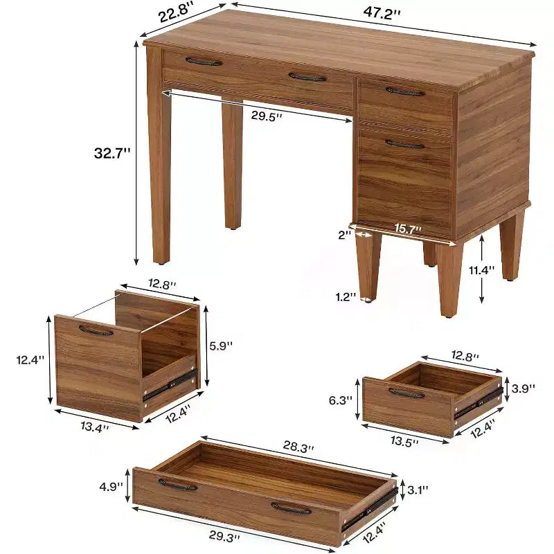 Scrivania per Computer Lantine 47 in Legno con 3 Cassetti, Scrivania da Ufficio Piccola Stile Rustico con Spazio Contenitore per Ufficio, Camera da Letto, Sala Studio, Marrone