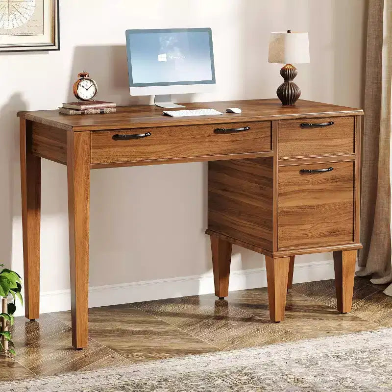 Scrivania per Computer Lantine 47 in Legno con 3 Cassetti, Scrivania da Ufficio Piccola Stile Rustico con Spazio Contenitore per Ufficio, Camera da Letto, Sala Studio, Marrone